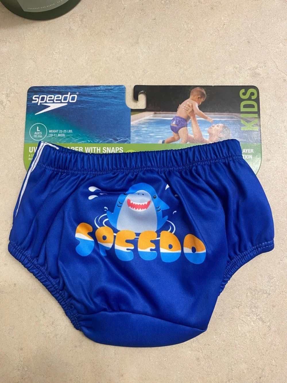 💚 Speedo Royal Blue Shark Logo Swim Diaper with snaps L 18 mo.